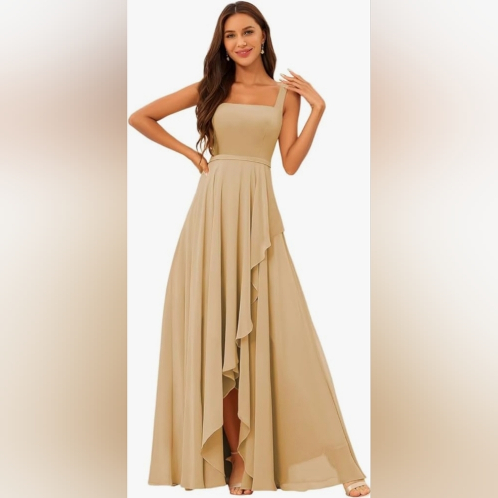 Bridesmaid Dresses with Slit Chiffon Ruffled Ruched A-line Champagne Size 2